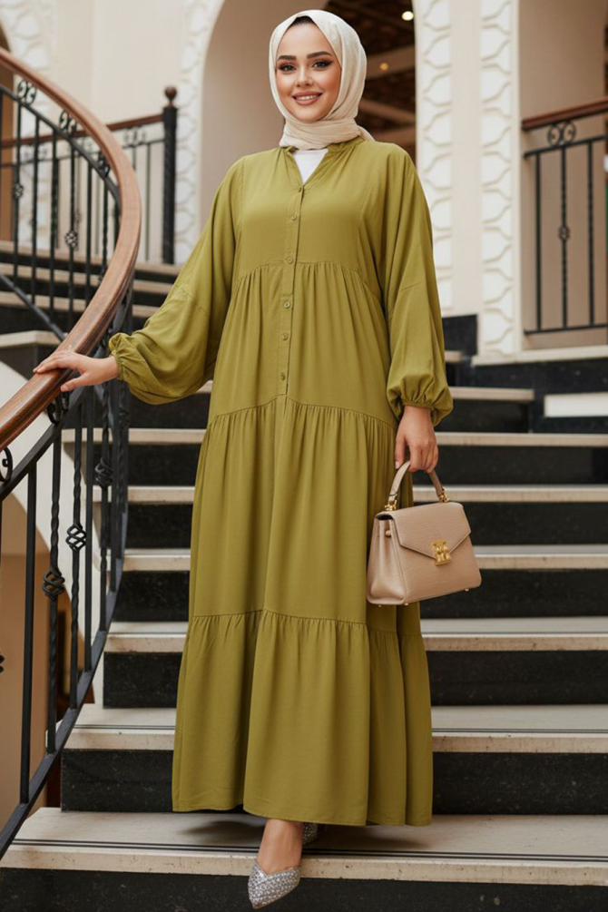 Modest Oil Green Dress For Women 20612YY - 1