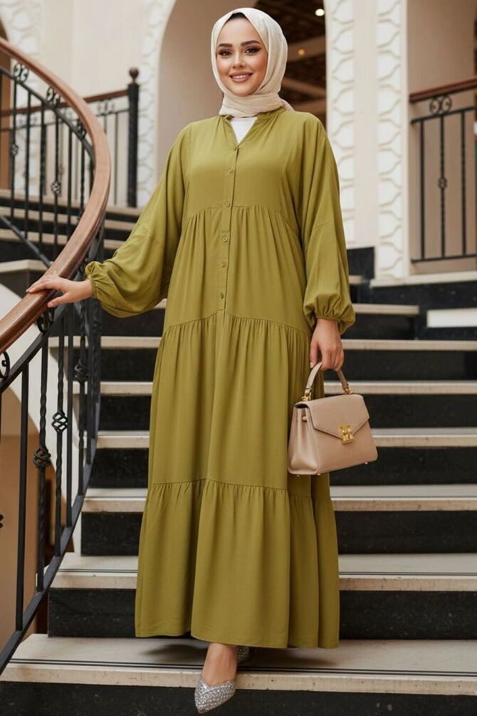 Modest Oil Green Dress For Women 20612YY - 1