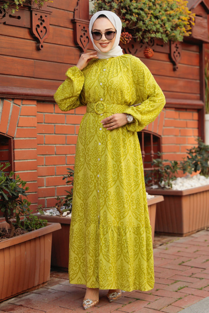 Modest Oil Green Long Dress 61014YY - 1