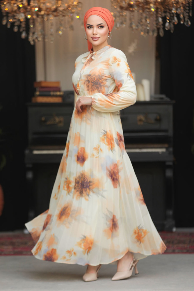 Modest Orange Chiffon Long Sleeve Dresses 50356T - 3