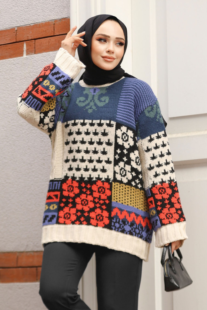 Modest Patterned Knitwear Jumper Tunic 107002DSN - 1