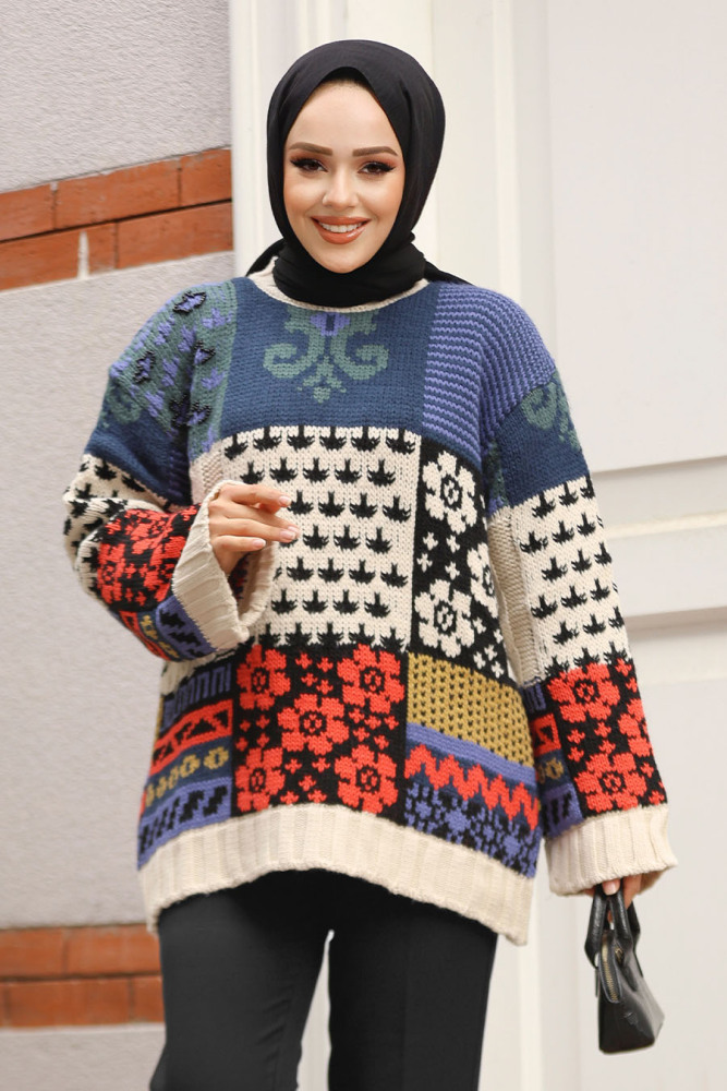 Modest Patterned Knitwear Jumper Tunic 107002DSN - 2