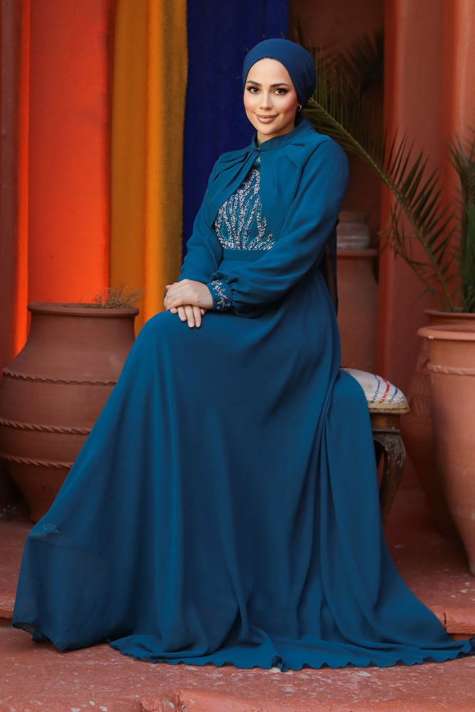 Modest Petrol Blue Evening Gown 25886PM - 1