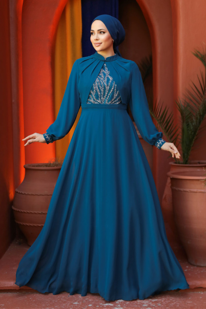 Modest Petrol Blue Evening Gown 25886PM - 3