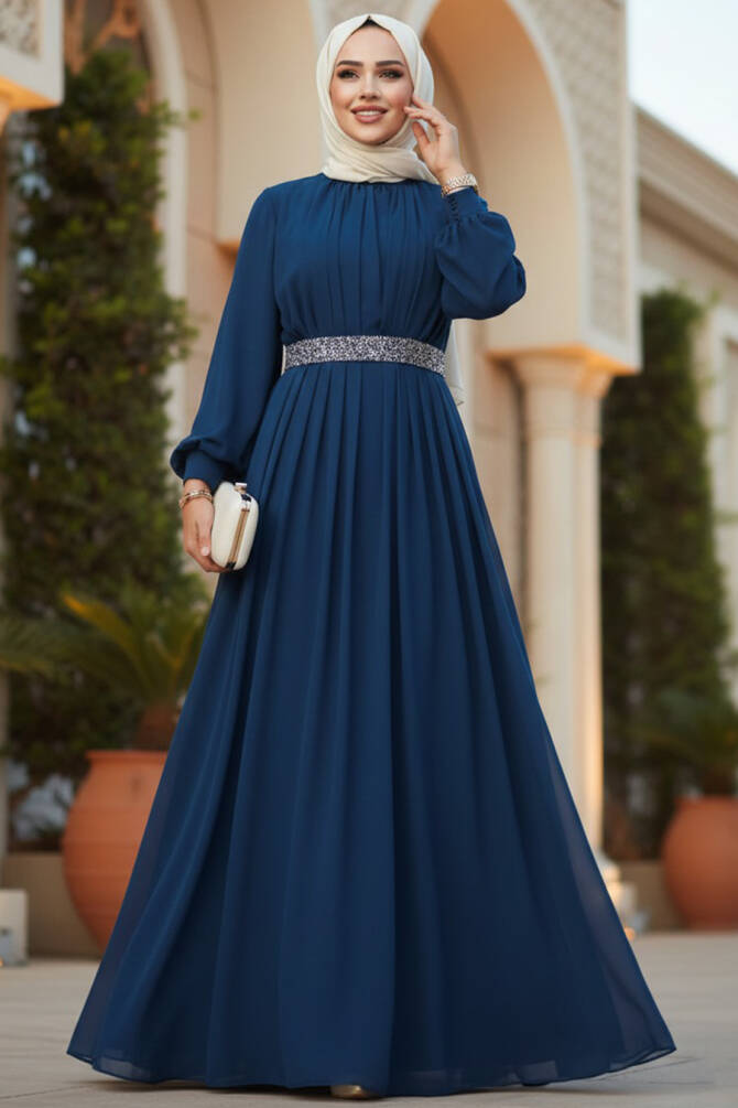 Modest Petrol Green Evening Dress 25888PY - 1