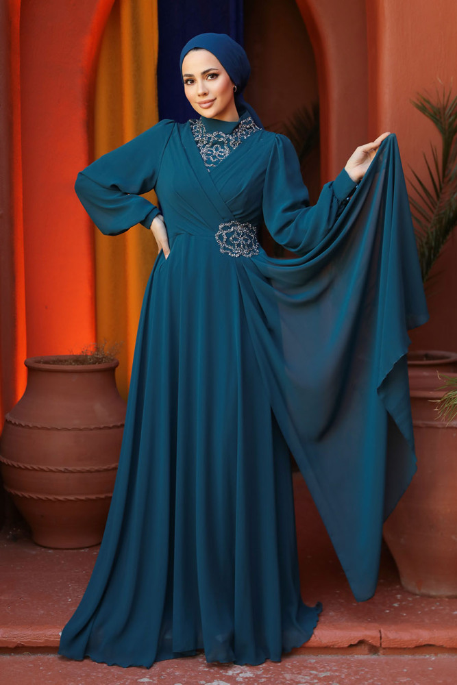 Modest Petrol Green Plus Size Dress 25882PY - 2