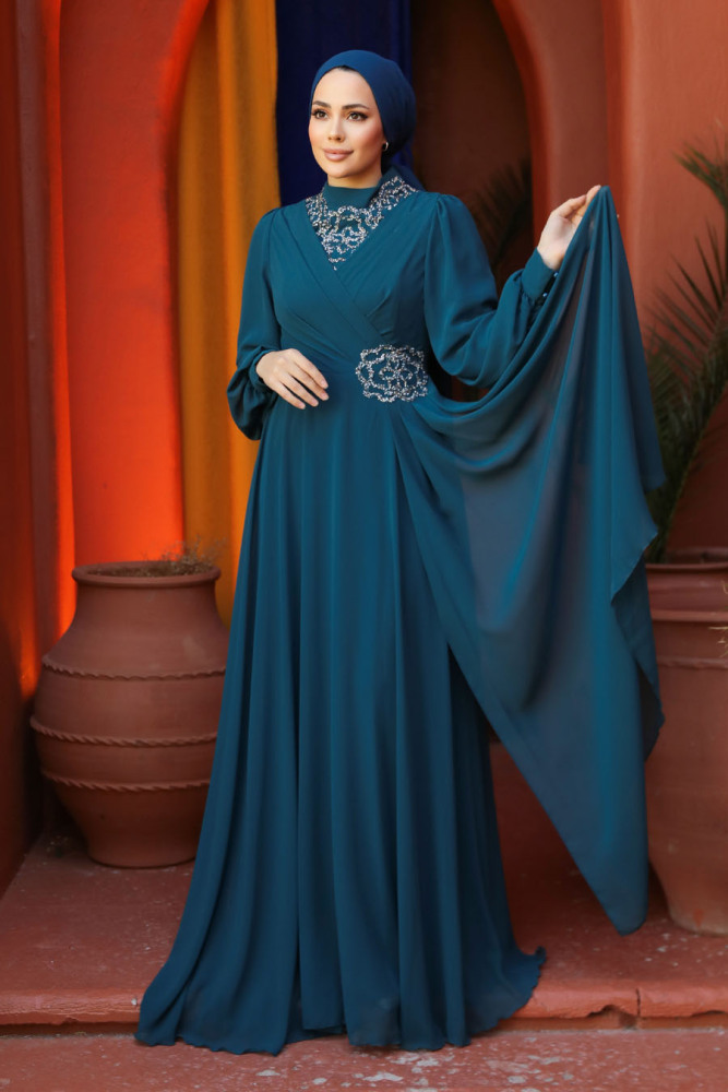 Modest Petrol Green Plus Size Dress 25882PY - 3