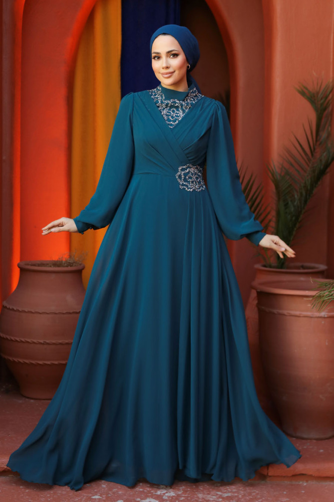 Modest Petrol Green Plus Size Dress 25882PY - 1