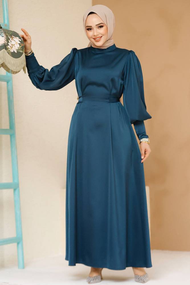 Modest Petrol Green Satin Evening Dress 61651PY - 1