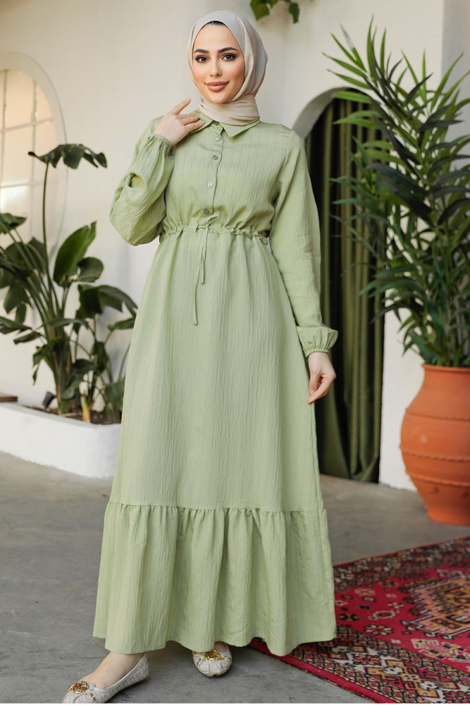 Modest Pistachio Green Eid Dress 23181FY - 1