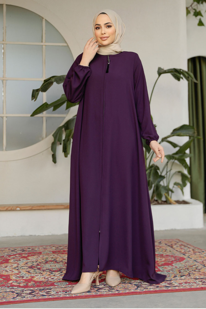 Modest Plum Color Dubai Abaya 26301MU - 3
