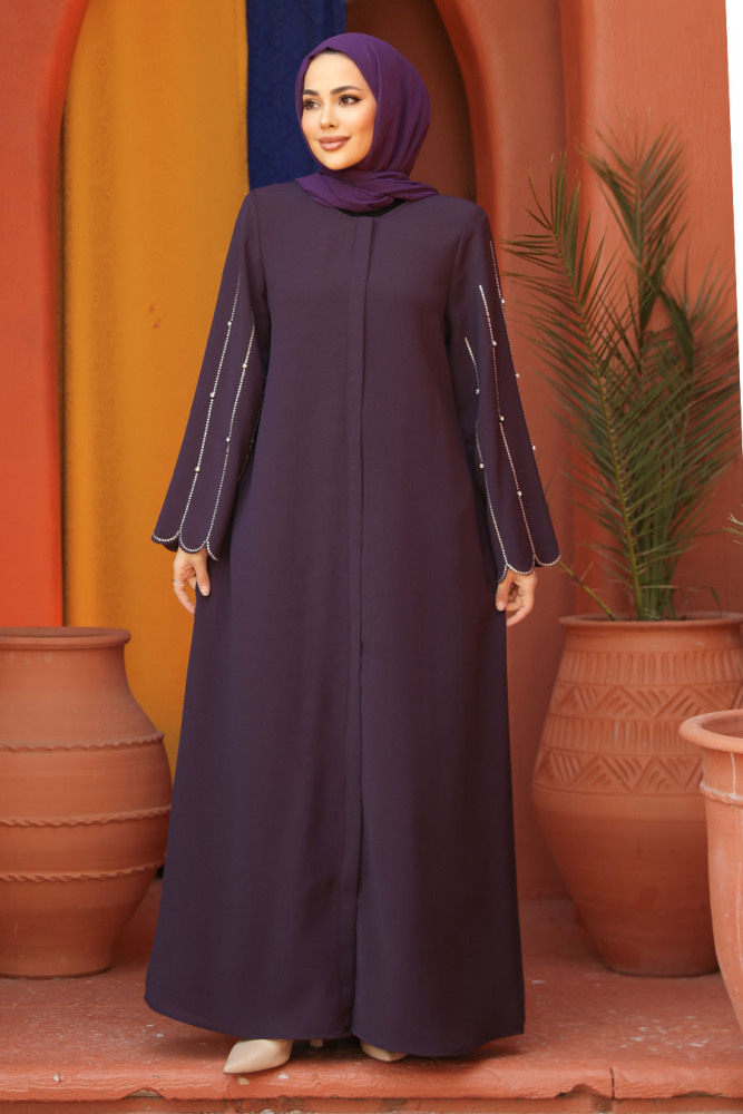 Modest Plum Color Dubai Abaya 2634MU - 1