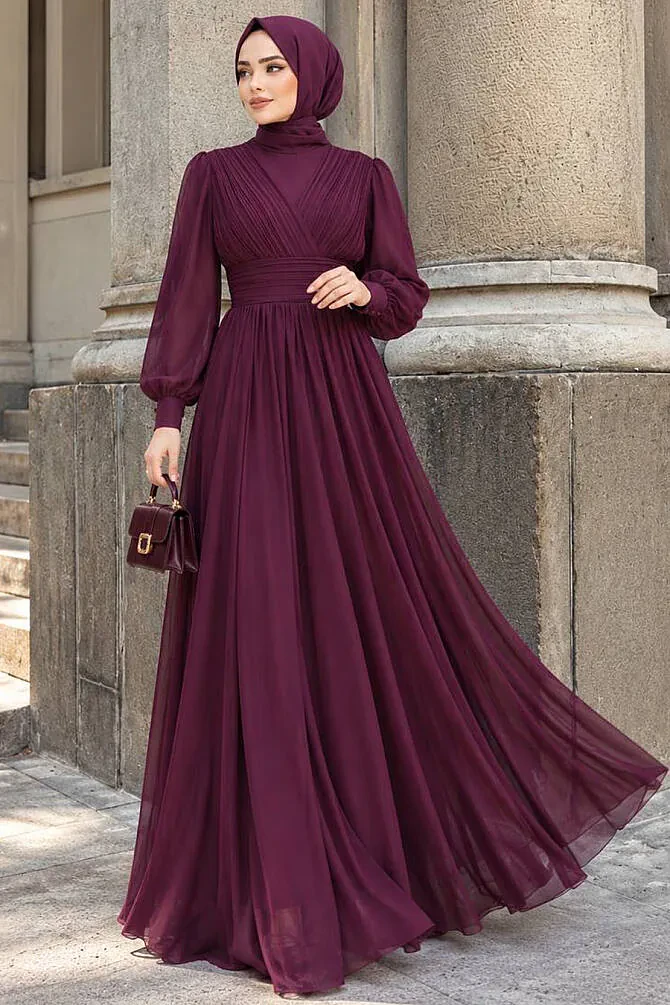 Modest Plum Color Evening Gown 46321MU - 1