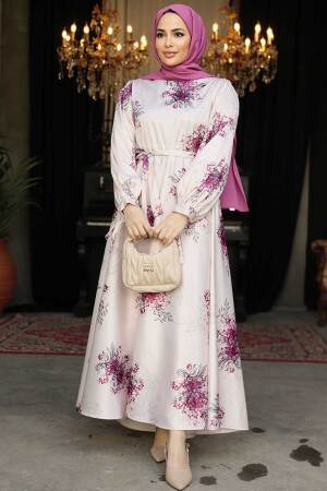 Modest Plum Color Floral Long Sleeve Dress 60911MU 