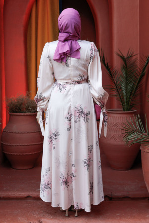 Modest Plum Color Floral Long Sleeve Dress 60911MU - 4