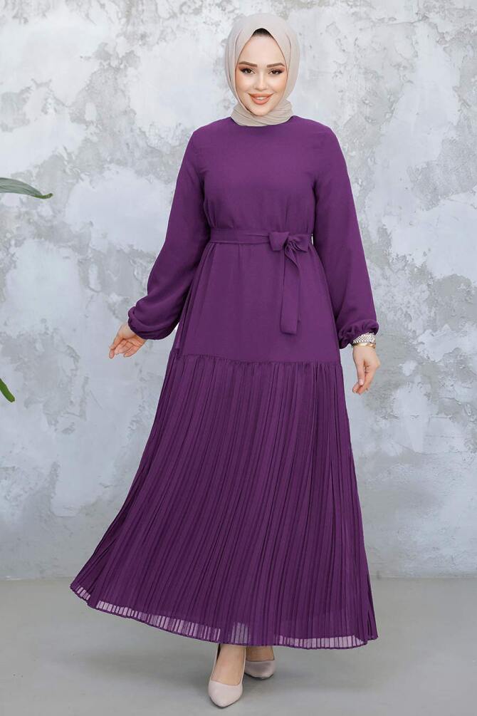 Modest Plum Color Pleated Long Dress 23771MU - 1