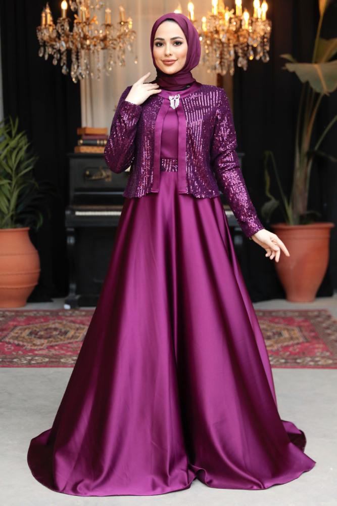 Modest Plum Color Plus Size Evening Gowns 25881MU - 1