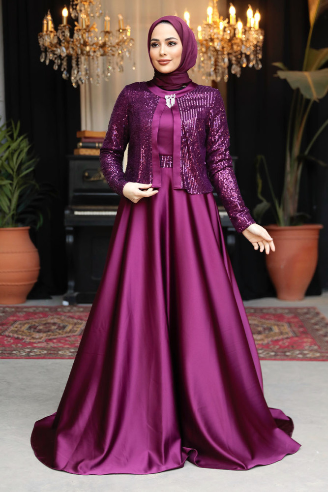 Modest Plum Color Plus Size Evening Gowns 25881MU - 3