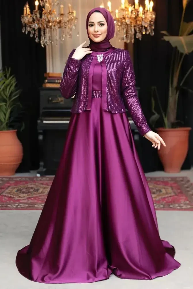 Modest Plum Color Plus Size Evening Gowns 25881MU - 1