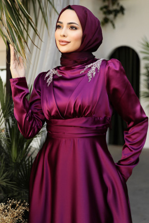 Modest Plum Color Satin Bridesmaid Dress 25880MU - 2