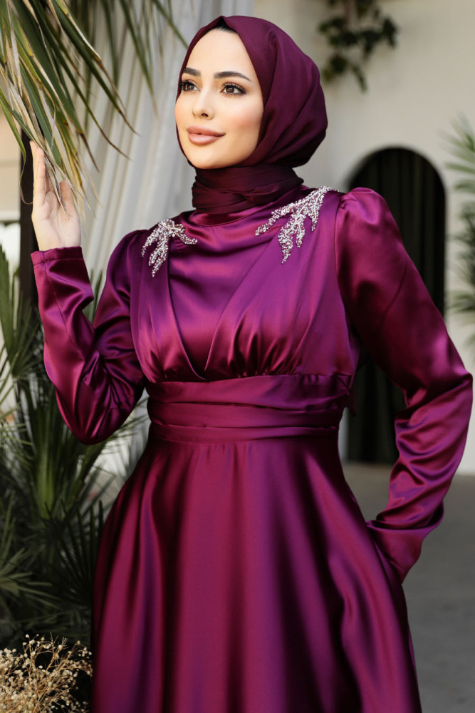 Modest Plum Color Satin Bridesmaid Dress 25880MU - 2