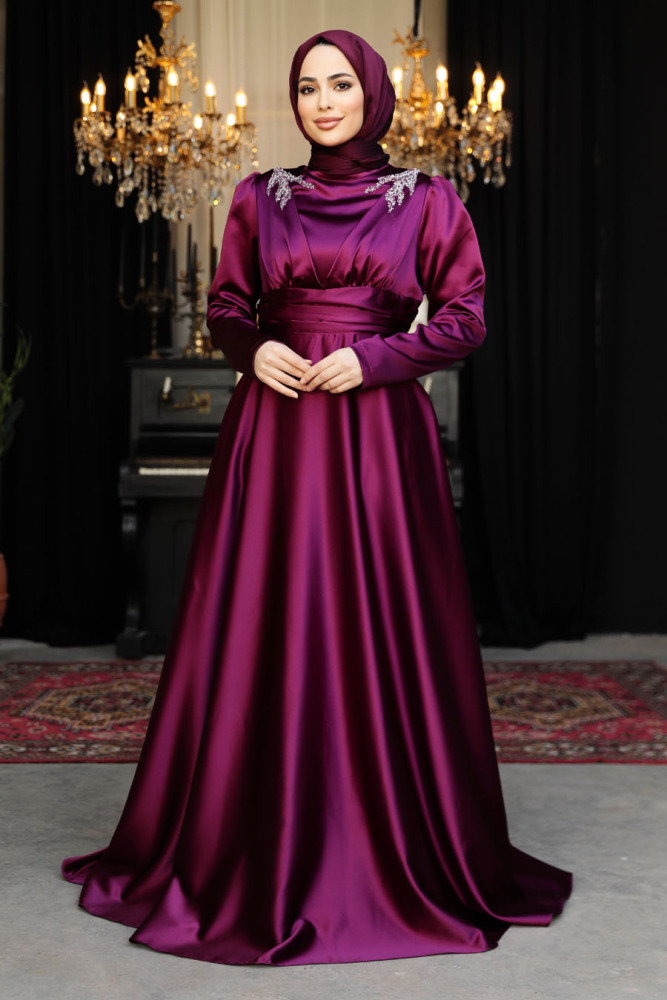 Modest Plum Color Satin Bridesmaid Dress 25880MU - 3