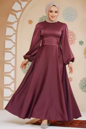 Modest Plum Color Satin Engagement Gown 61501MU - 1