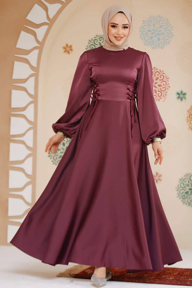 Modest Plum Color Satin Engagement Gown 61501MU - 1