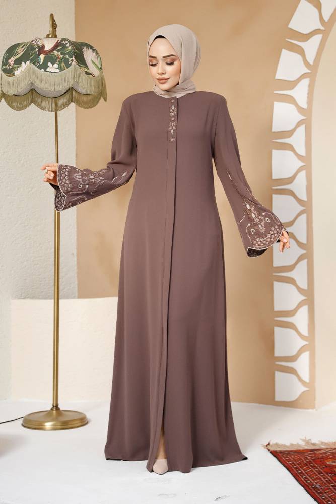 Modest Plus Size Dark Mink Dubai Abaya 98221KV - 1