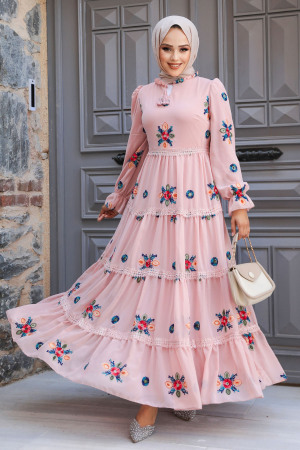 Modest Powder Pink Floral Long Dress 45541PD 