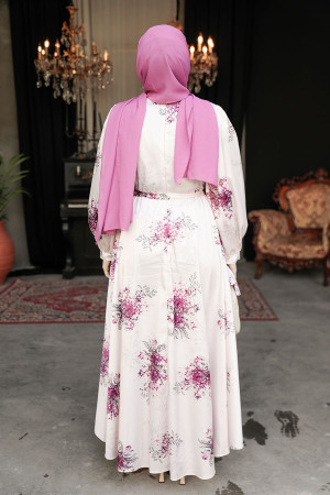Modest Powder Pink Floral Long Sleeve Dress 60911PD - 4