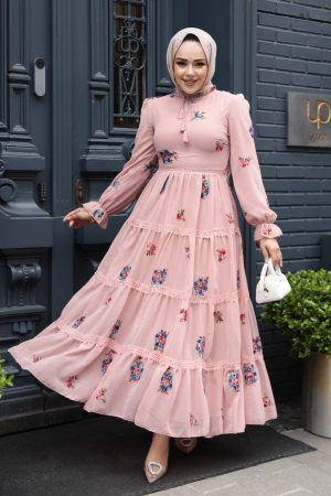 Modest Powder Pink Floral Maxi Dress 32816PD 
