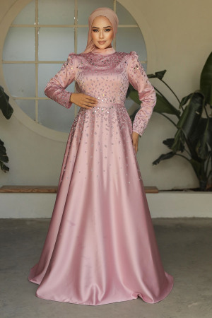 Modest Powder Pink Satin Prom Dress 25894PD - 1