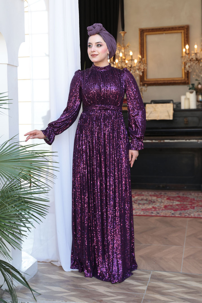 Modest Purple Evening Gown With Long Sleeve 44961MOR - 2
