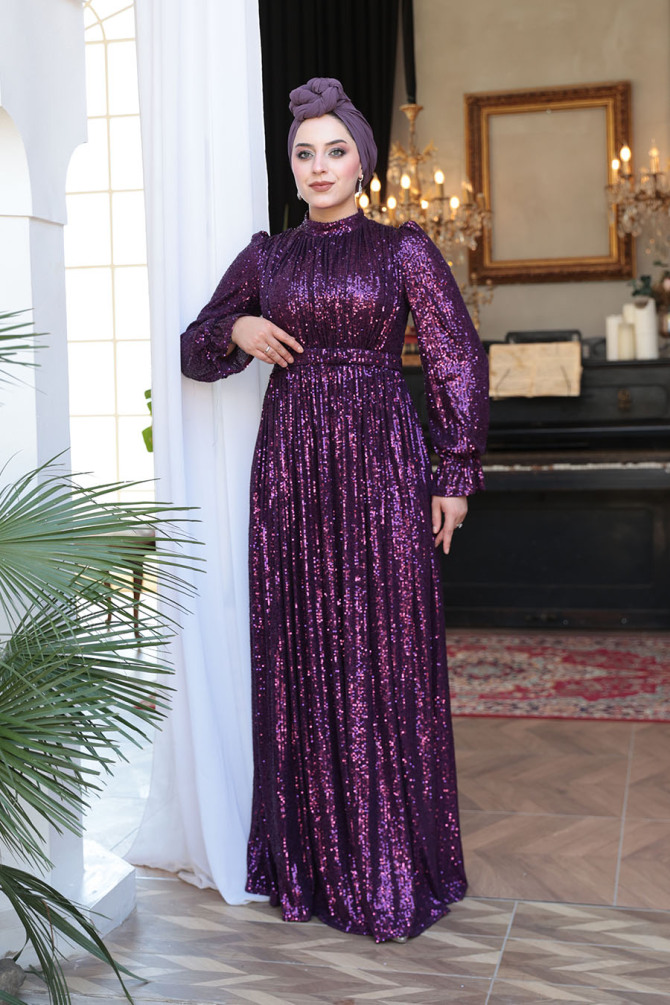 Modest Purple Evening Gown With Long Sleeve 44961MOR - 3