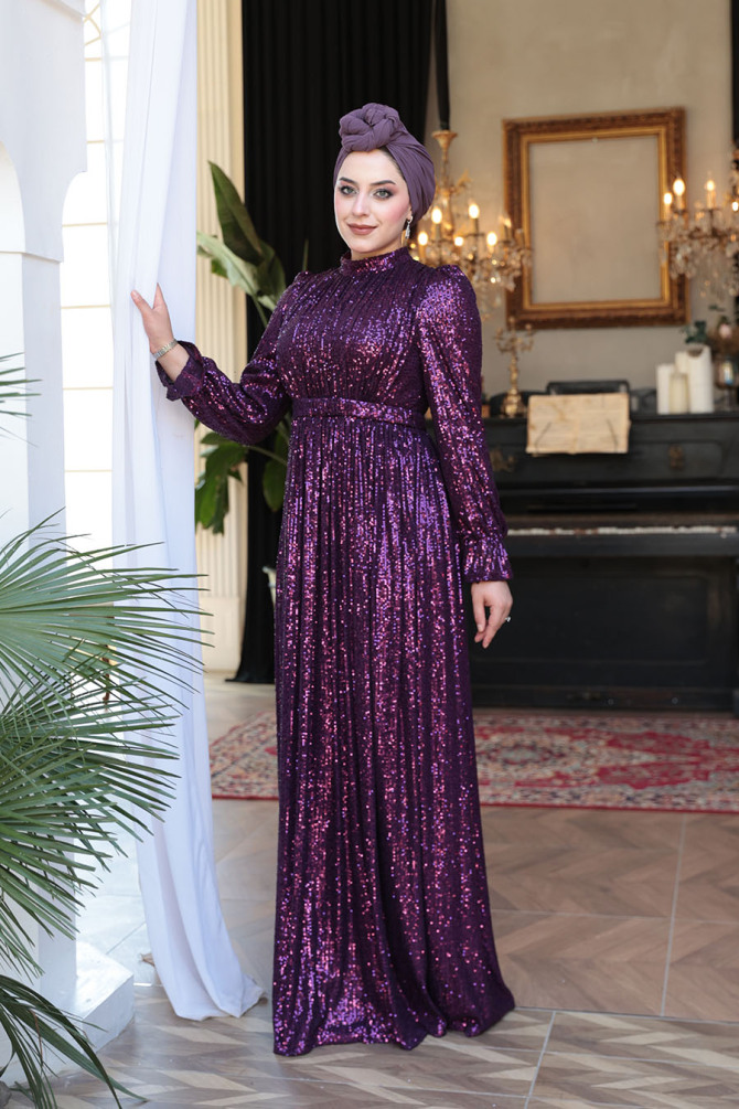 Modest Purple Evening Gown With Long Sleeve 44961MOR - 1