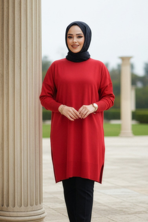 Modest Red Knitwear Jumper Top 17203K - NEVA STYLE