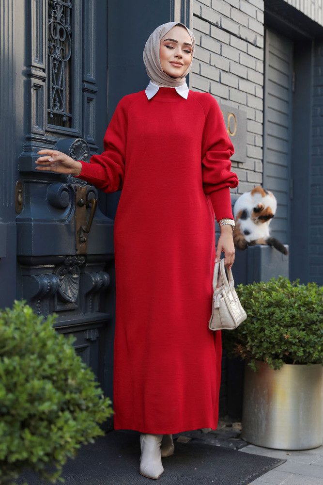 Modest Red Long Sleeve Knitwear Dress 100013K - 2
