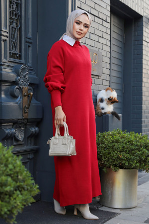 Modest Red Long Sleeve Knitwear Dress 100013K - 3
