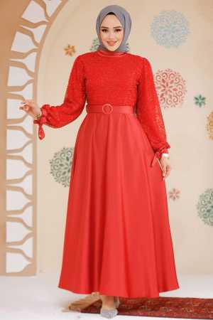Modest Red Satin Evening Gown 6176K - 1