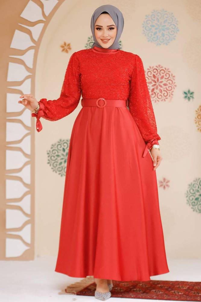 Modest Red Satin Evening Gown 6176K - 1