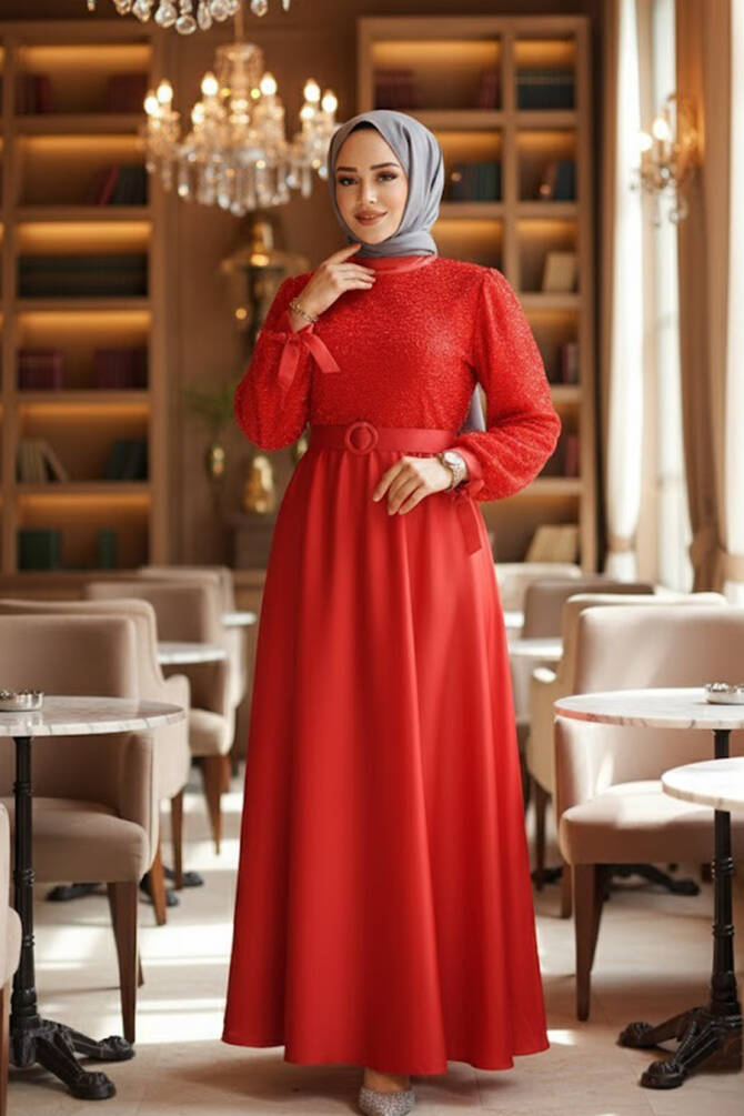 Modest Red Satin Evening Gown 6176K - 1