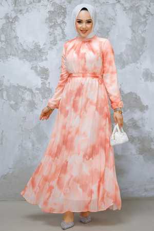 Modest Salmon Pink Chiffon Dress 34469SMN - 1