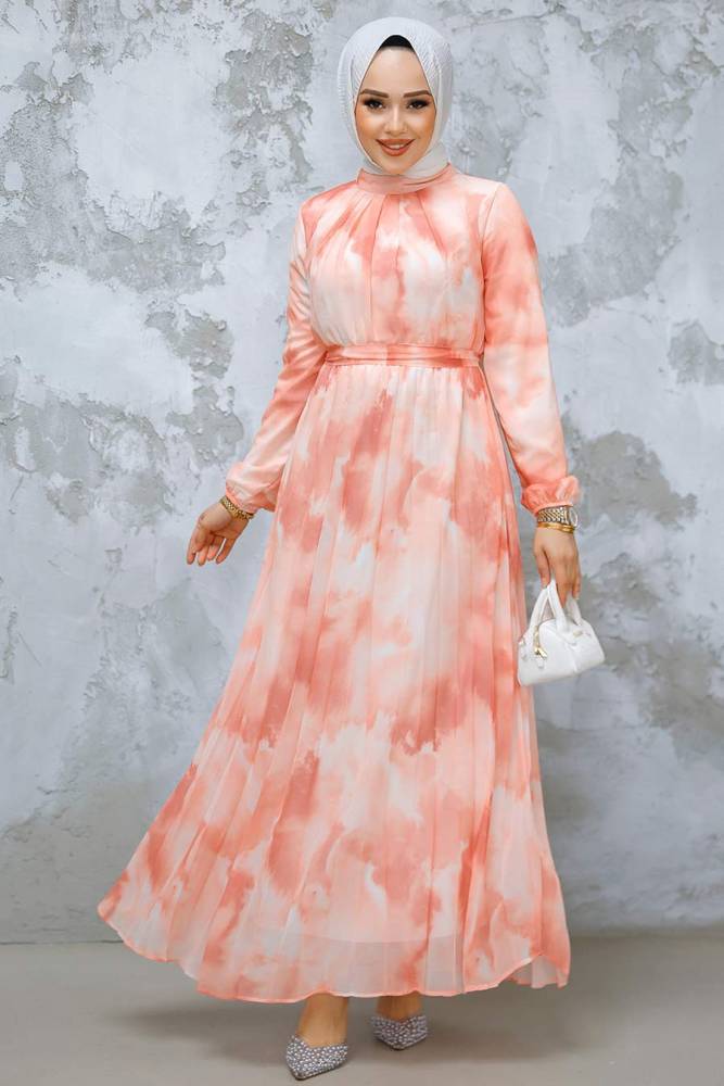 Modest Salmon Pink Chiffon Dress 34469SMN - 1