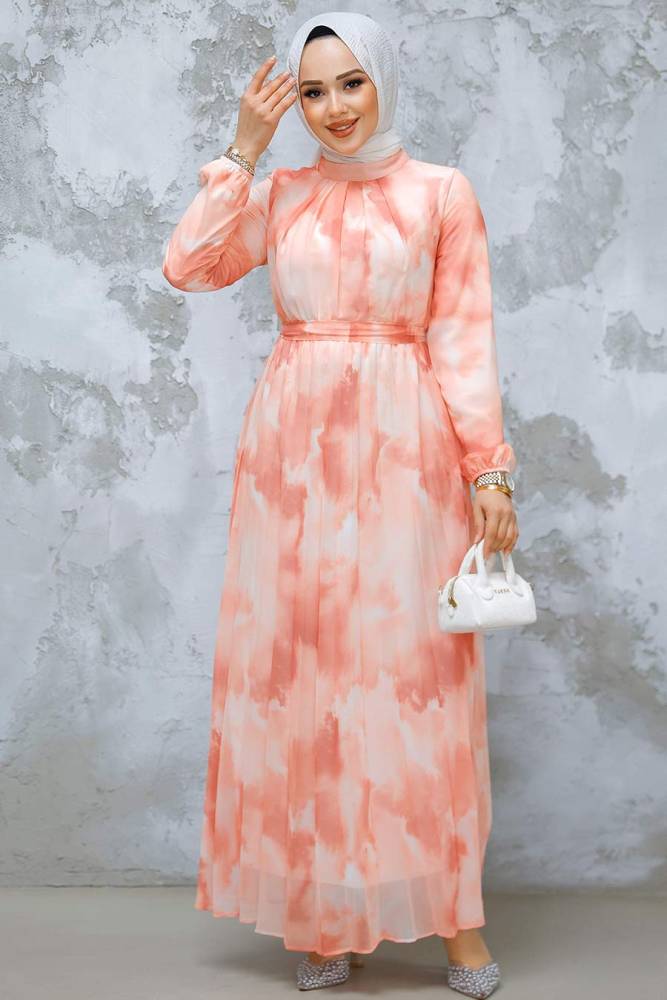 Modest Salmon Pink Chiffon Dress 34469SMN - 2