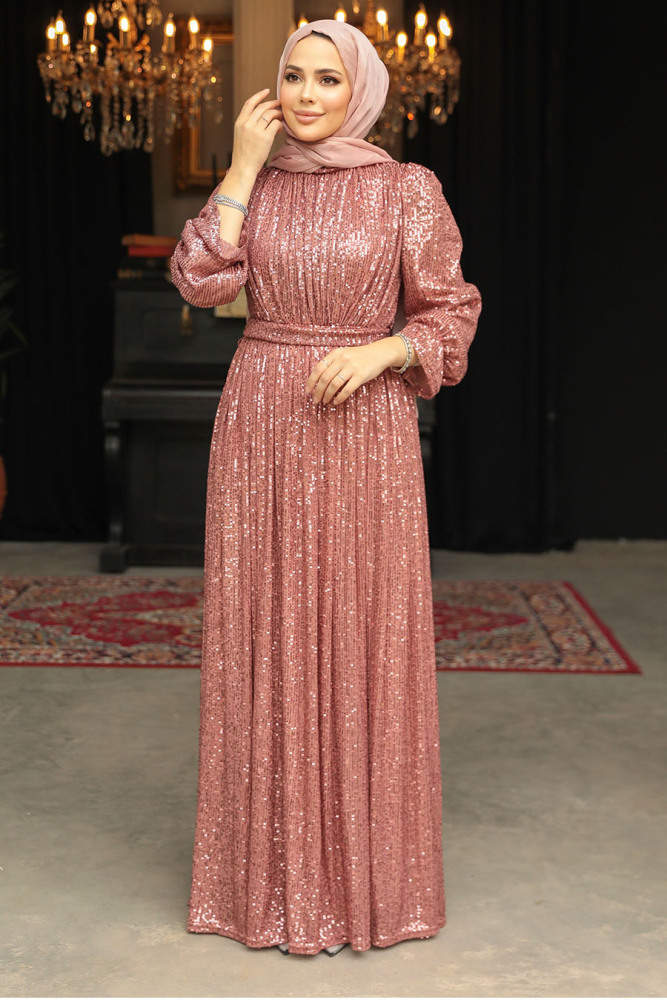 Modest Salmon Pink Evening Gown With Long Sleeve 44961SMN - 1