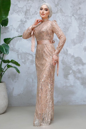 Modest Salmon Pink Evening Long Dress 47631SMN - 1