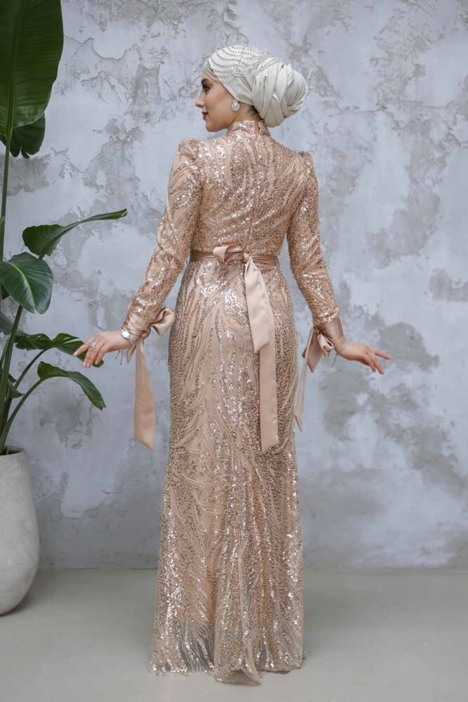 Modest Salmon Pink Evening Long Dress 47631SMN - 4