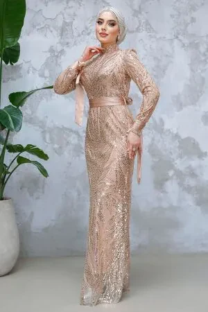 Modest Salmon Pink Evening Long Dress 47631SMN 