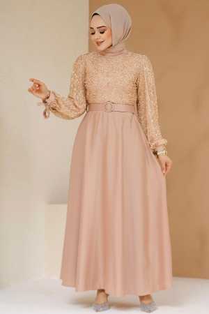 Modest Salmon Pink Satin Evening Gown 6176SMN - 3